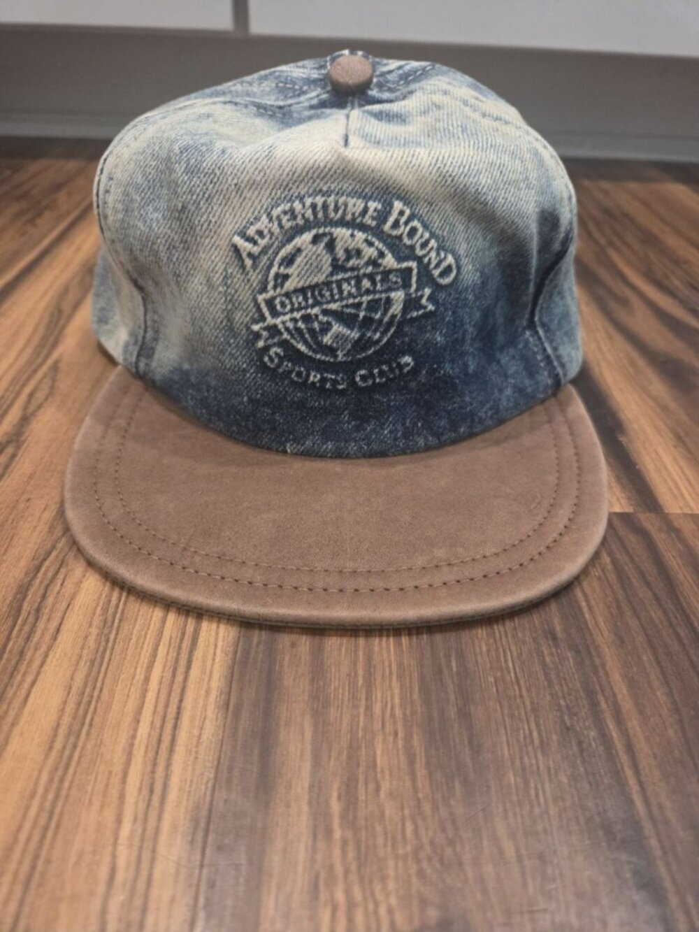 Vtg Adventure Bound Original Sports Club Hat Cap Acid Wash Denim Leather Brim